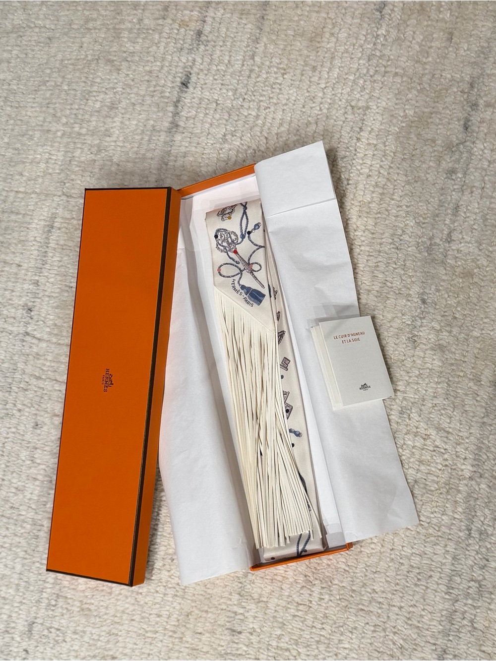 Hermes Silk Calfskin Les Cles A Pois Fringed Twilly Creme Gris Perle Multicolor